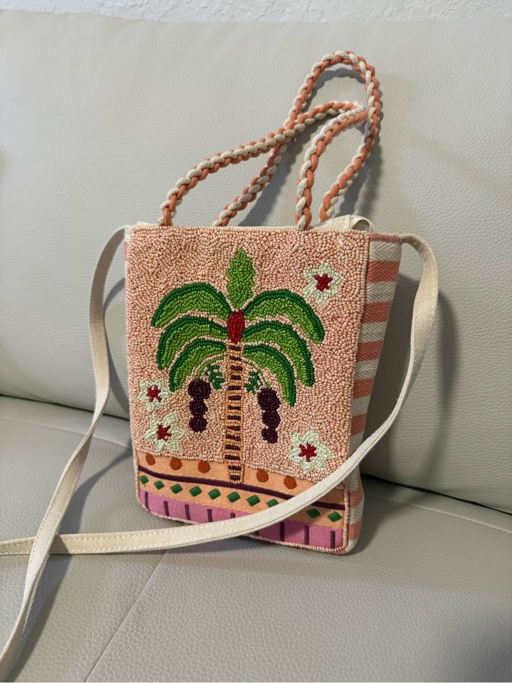 Beaded Palm Tree Crossbody Bag in Peach